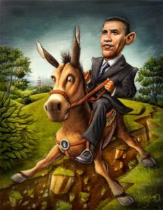 Portrait of Barack Obama riding a donkey